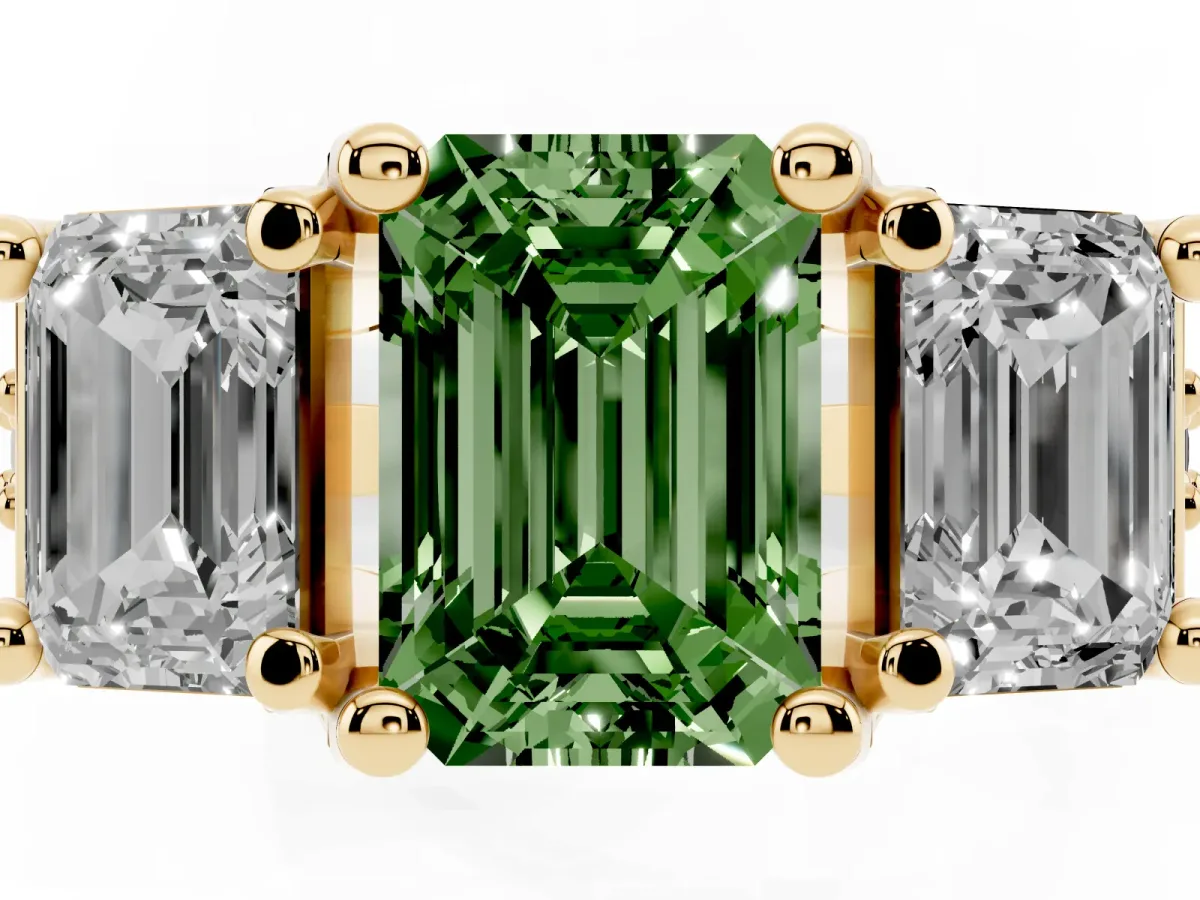 Fancy Green Emerald Cut Diamond Three-Stone Ring with Channel Set Band and Four-Prong Setting Yellow gold