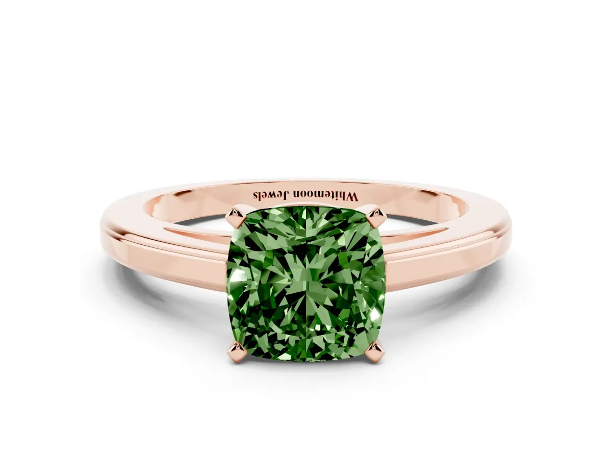 Fancy Green Cushion Cut Solitaire Diamond Ring with Four-Prong Setting and Classic Band Rose gold