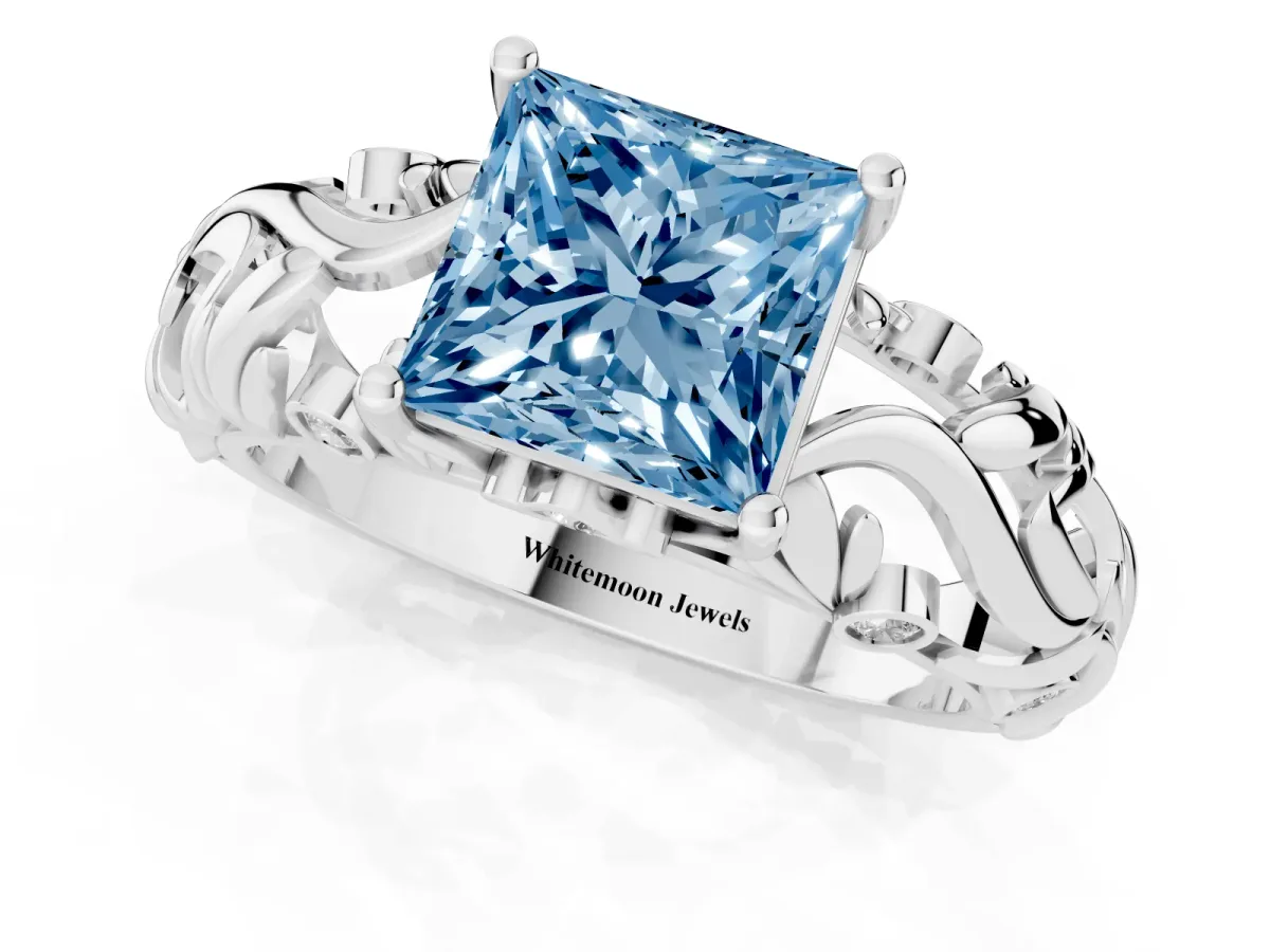 Fancy Blue Princess Cut Solitaire Diamond Leaf-Inspired Vine Band Ring with Prong Setting Silver