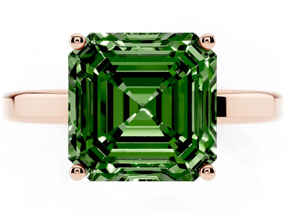 Fancy Green Asscher Cut Cut Solitaire Engagement Ring with Four-Prong Setting on a Classic Band Rose gold