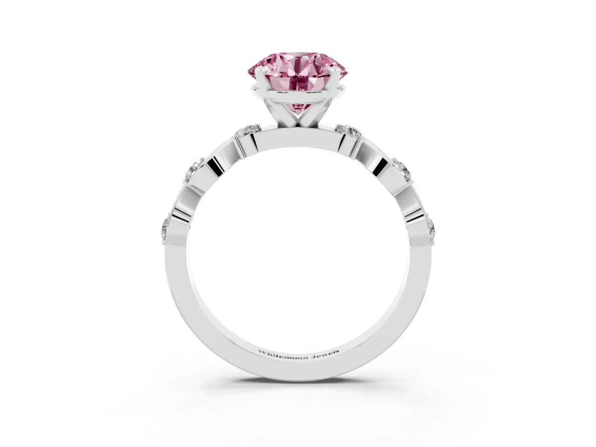 Fancy Pink Round Cut Diamond Solitaire Twisted Band with Round Accents and Prong Setting Silver