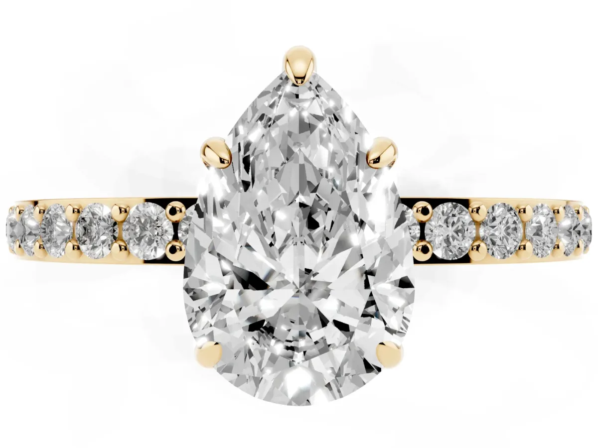 Pear Cut Diamond Pavé Engagement Ring with Round Accents and Prong Setting Yellow gold