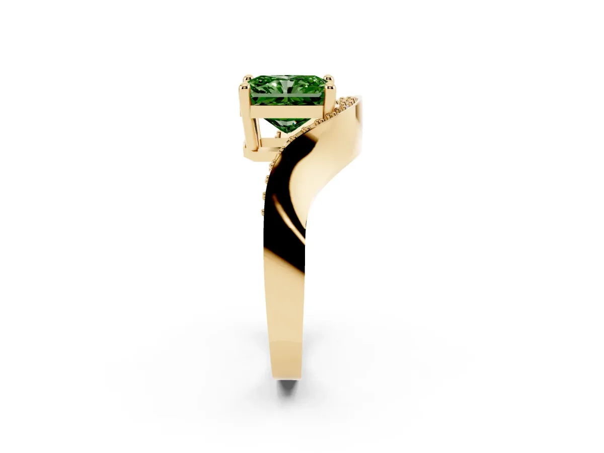 Fancy Green Radiant Cut Solitaire Diamond Engagement Ring with Pave Band and Four-Prong Setting Yellow gold