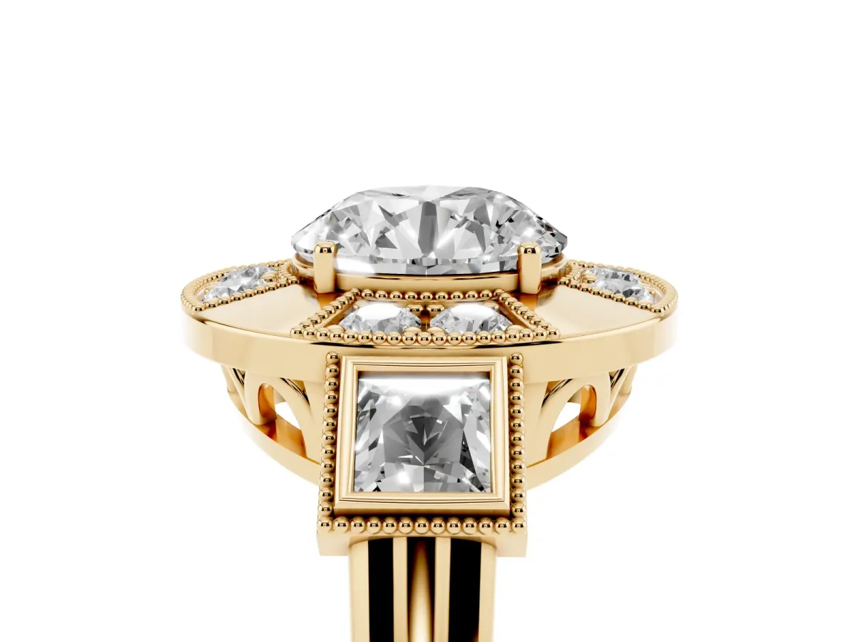 Milgrain Round Cut Diamond Halo Split Shank Ring Yellow gold