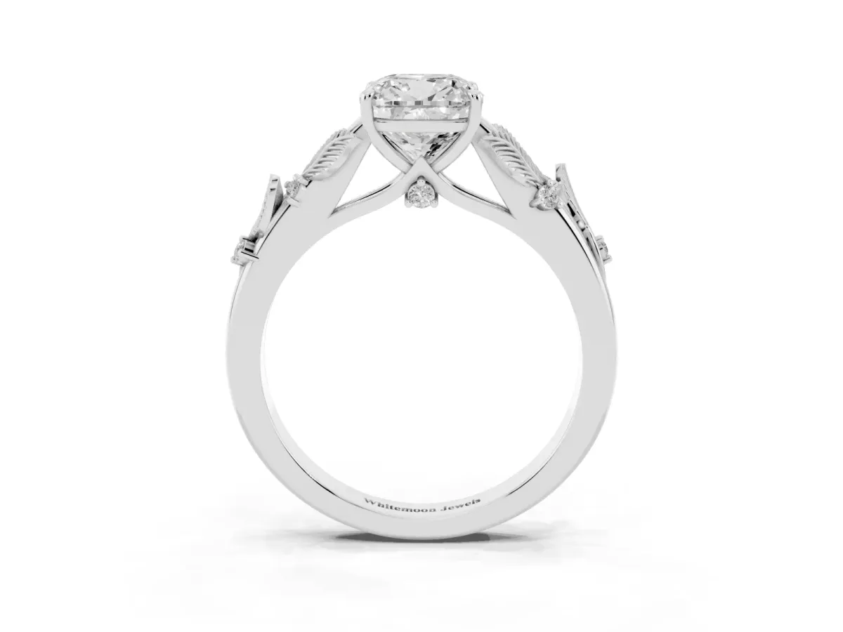 Cushion Cut Diamond Solitaire Ring with Leaf Motif Band and Four-Prong Setting Silver