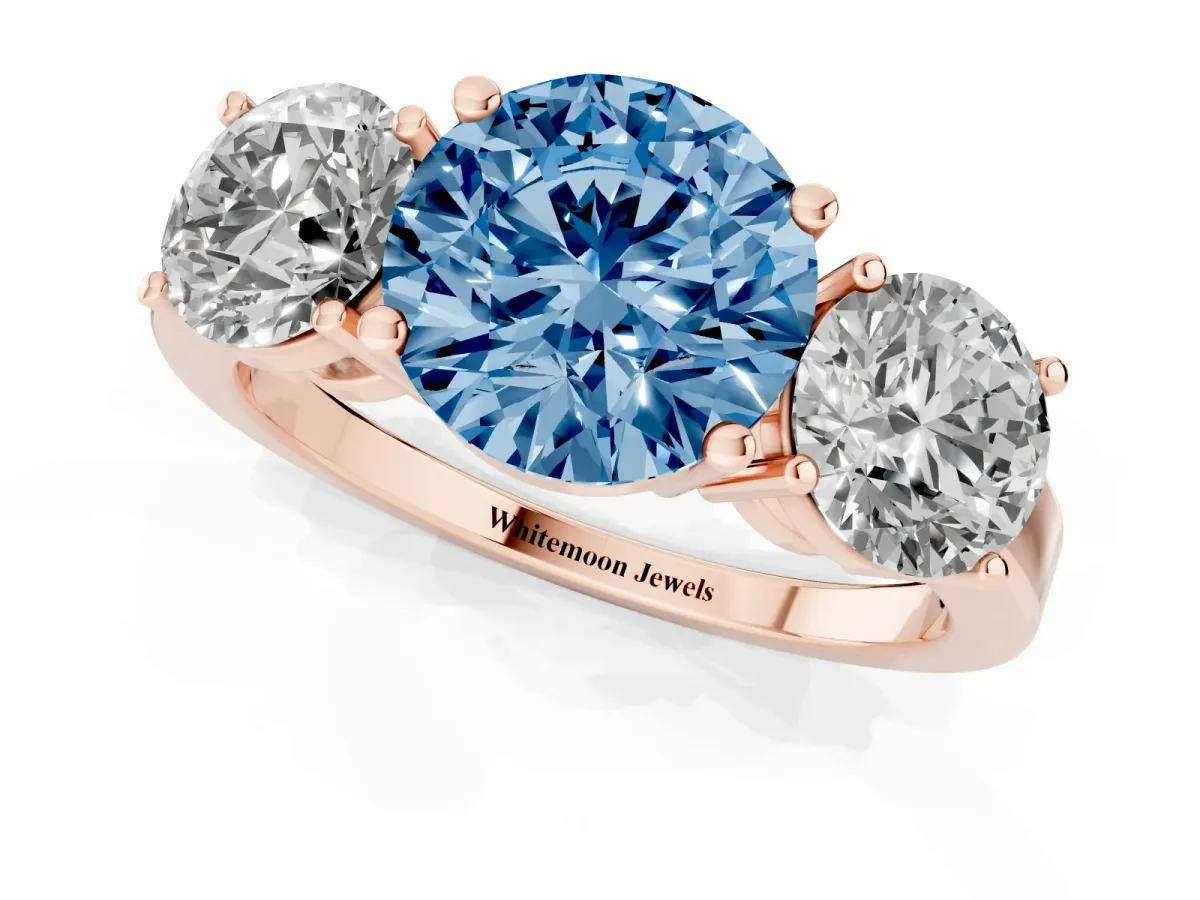 Fancy Blue Three-Stone Round Cut Cut Diamond Engagement Ring with Flat Band and Four-Prong Setting Rose gold