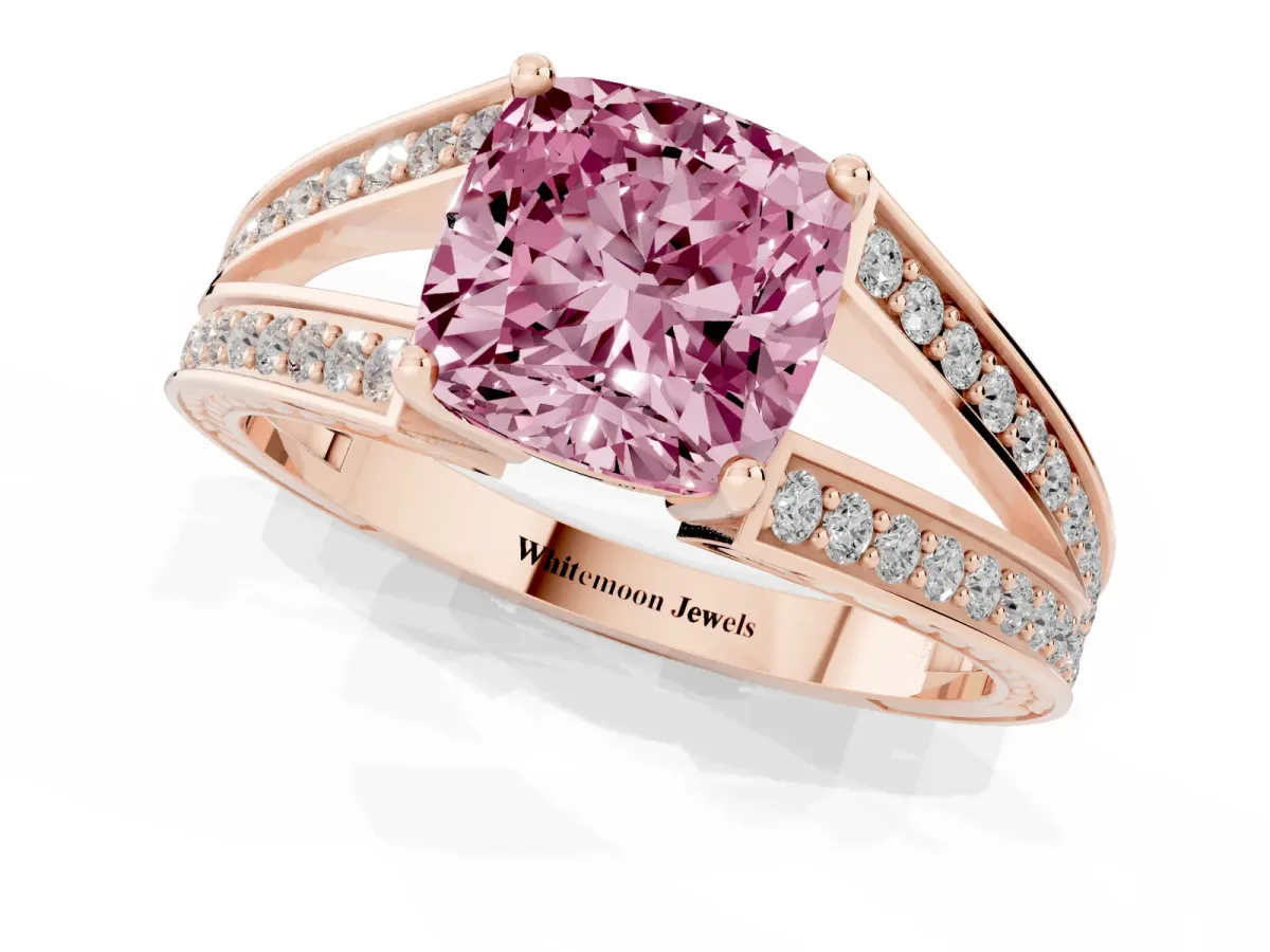 Fancy Pink Cushion Cut Diamond Split Shank Ring with Pavé Band and Four-Prong Setting Rose gold