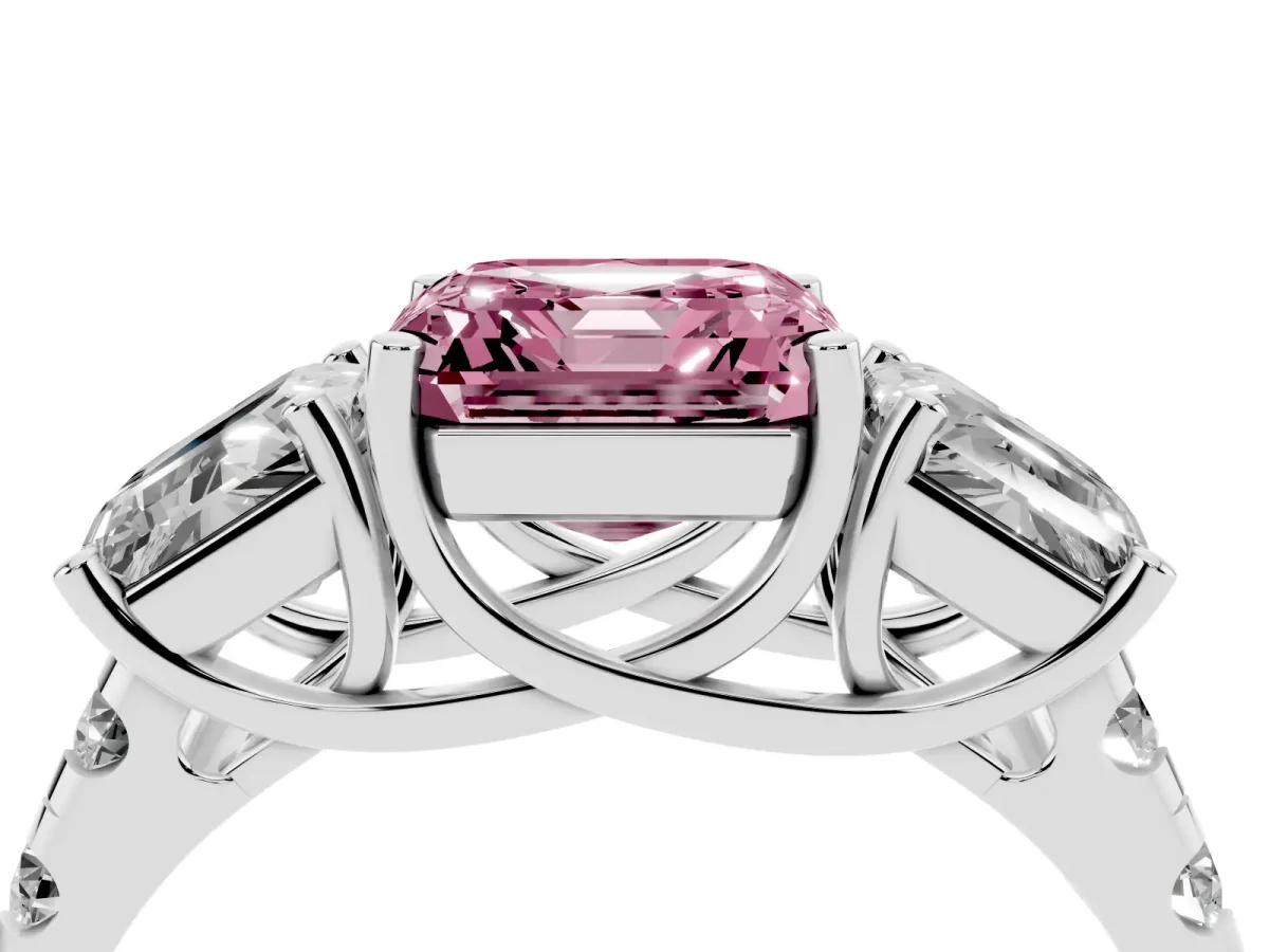 Fancy Pink Three-Stone Asscher Cut Diamond Pavé Band with Prong Setting Platinum