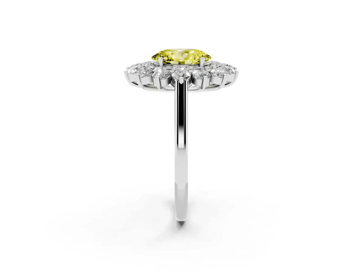 Fancy Yellow Oval Cut Diamond Floral Double Halo Engagement Ring with Prong Setting Platinum