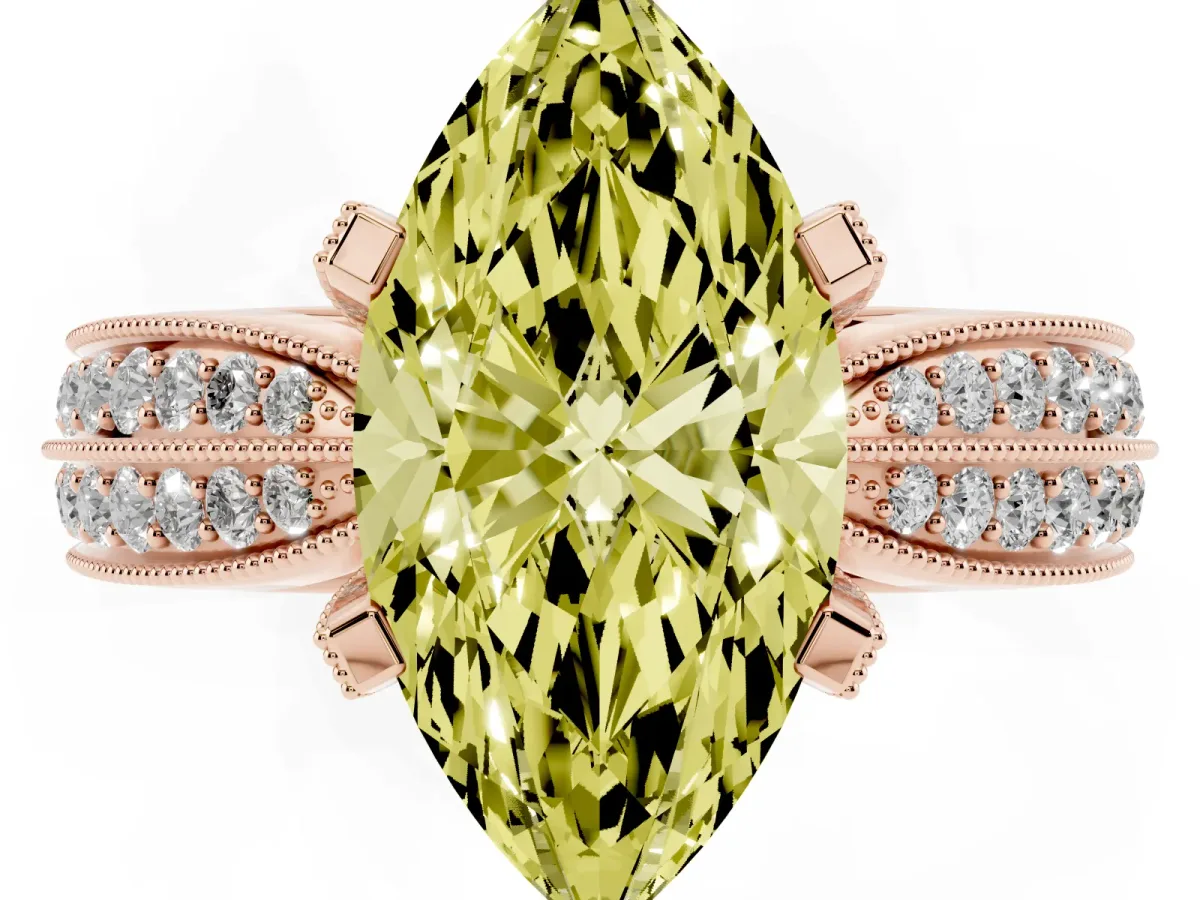Fancy Yellow Marquise Cut Diamond Solitaire Ring with Milgrain Round Pavé Band and Prong Setting Rose gold