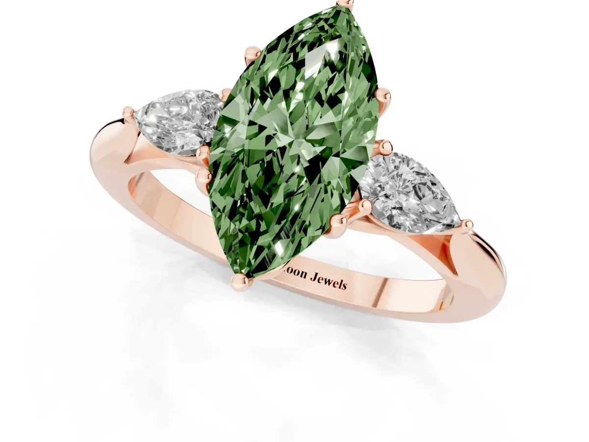 Fancy Green Marquise Cut Diamond Three-Stone Ring with Pear Side Stones and Prong Setting Rose gold