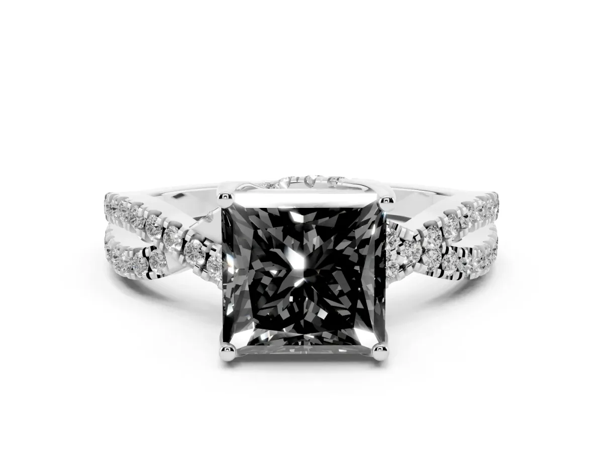 Fancy Black Princess Cut Solitaire Twist Pave Diamond Engagement Ring with Prong Setting Silver