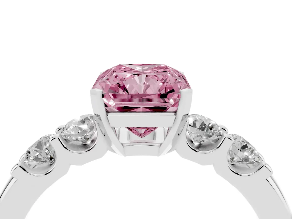 Fancy Pink Radiant Cut Brilliant Cut Diamond Five-Stone Prong Set Engagement Ring with Channel Band White gold