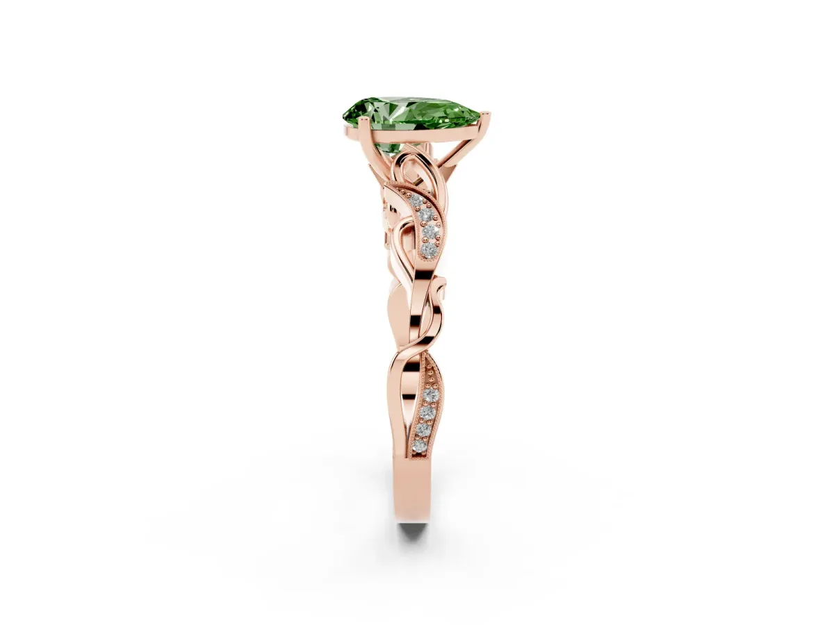 Fancy Green Pear Cut Solitaire Vine Band with Milgrain Prong Setting Rose gold