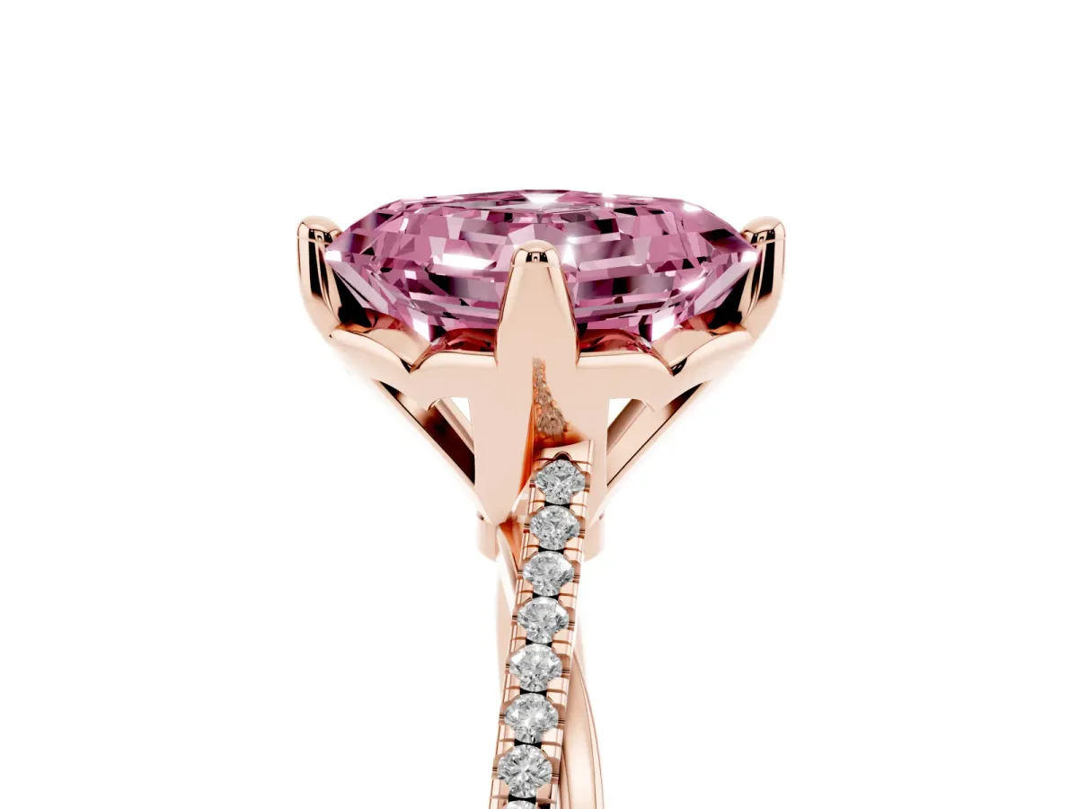 Fancy Pink Asscher Cut Solitaire Twist Band with Pavé Diamonds and Four-Prong Setting Rose gold