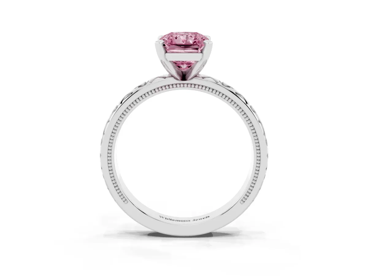 Fancy Pink Radiant Cut Solitaire Diamond Engagement Ring with XO Engraved Band and Four-Prong Setting White gold