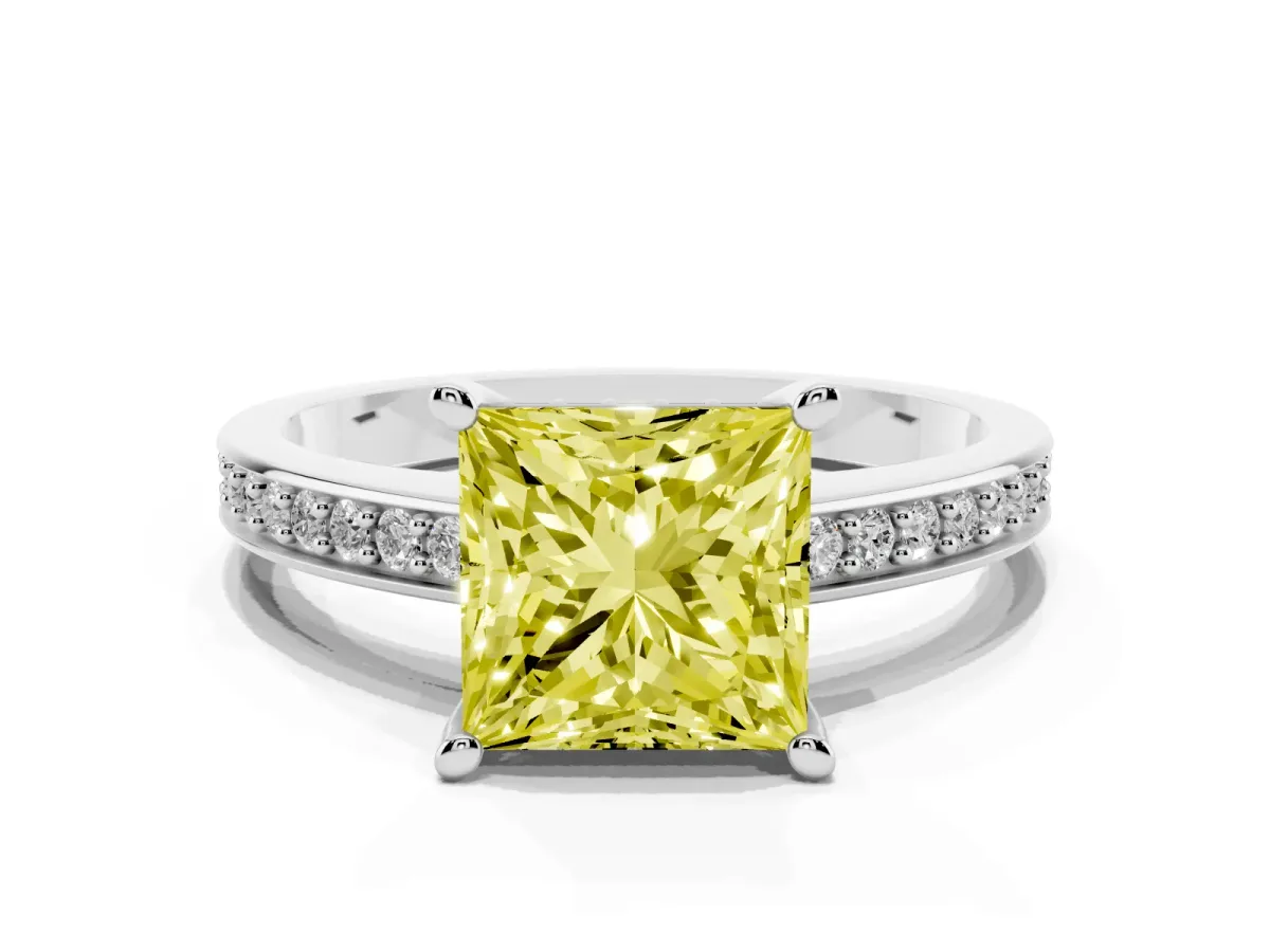 Fancy Yellow Princess Cut Solitaire Pavé Band Prong Setting Ring Silver