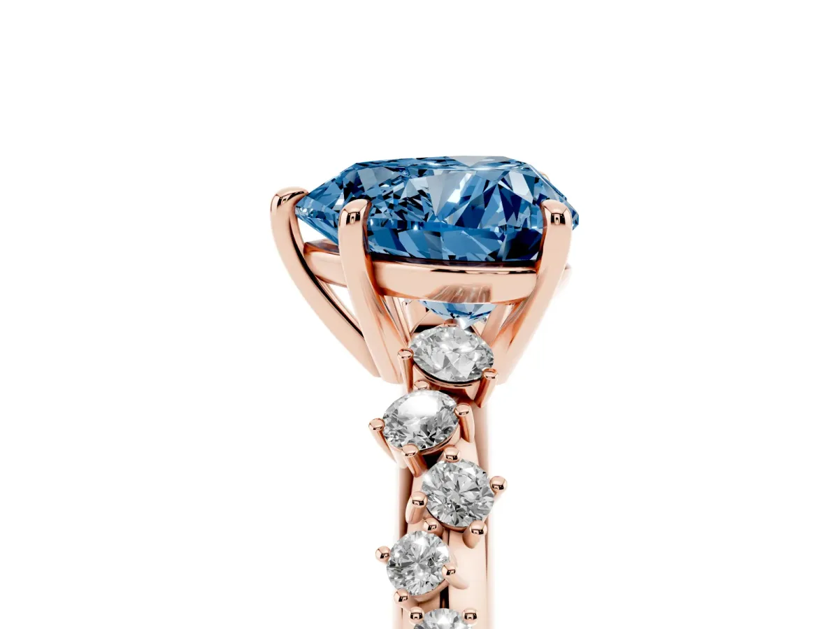 Fancy Blue Heart Cut Diamond Cluster Side Stone Solitaire Ring with Prong Setting Rose gold