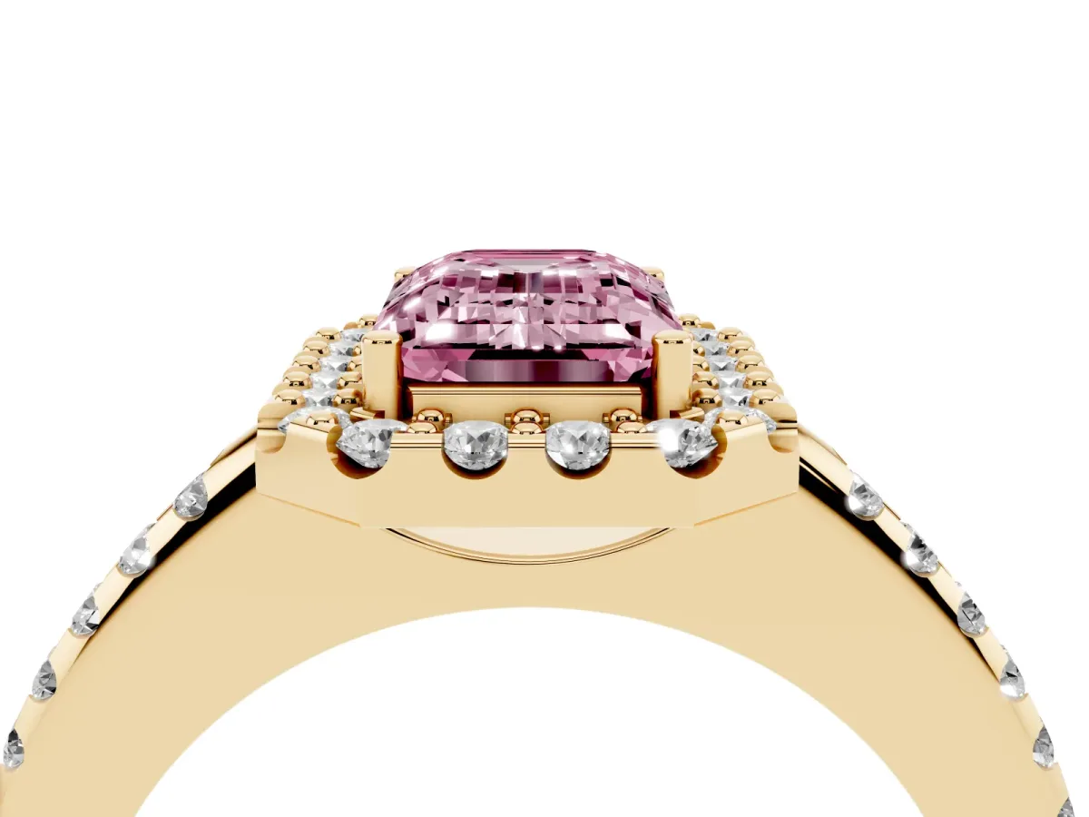 Fancy Pink Emerald Cut Diamond Pavé Halo Ring with Four-Prong Setting Yellow gold