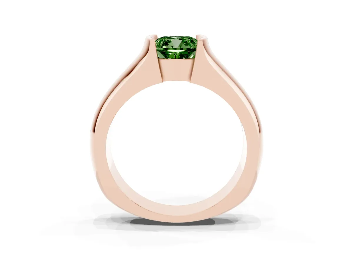 Fancy Green Cushion Cut Solitaire Bezel Set Diamond Ring with Wide Band Rose gold