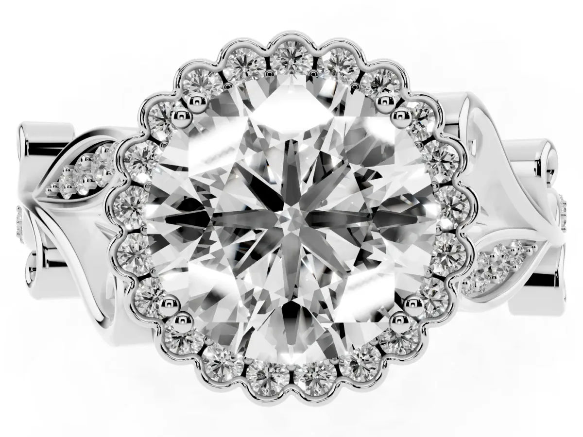Round Cut Diamond Halo Ring with Vintage Split Shank and Four-Prong Setting Platinum