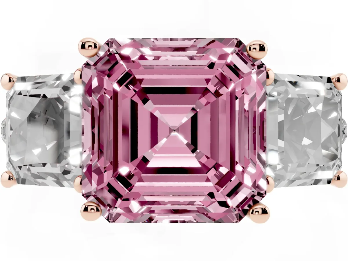 Fancy Pink Three-Stone Asscher Cut Diamond Ring with Round Pavé Band and Prong Setting Rose gold