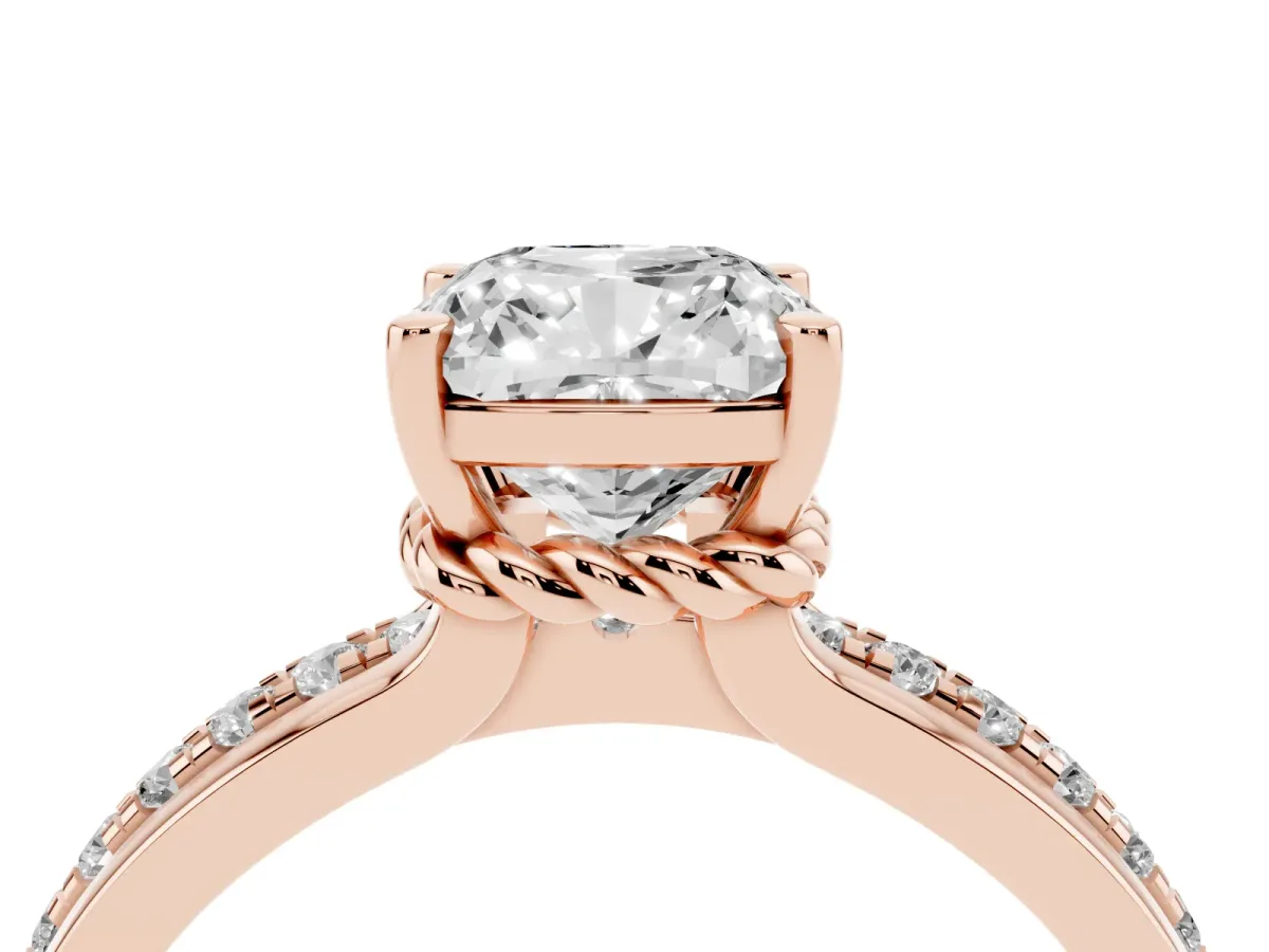 Cushion Cut Solitaire Diamond Ring with Channel Set Band and Six-Prong Setting Rose gold