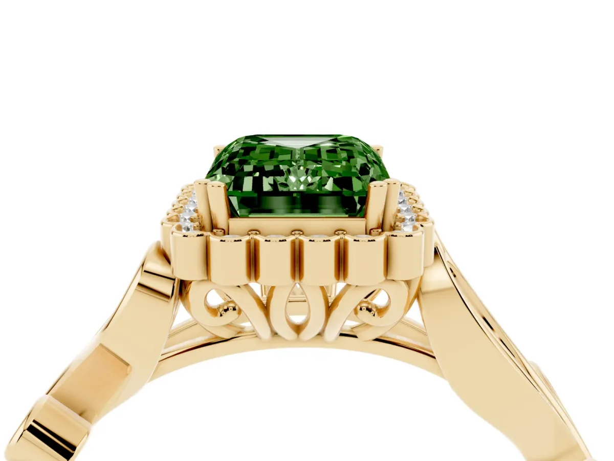 Fancy Green Emerald Cut Diamond Halo Ring with Vintage Split Shank and Four-Prong Setting Yellow gold