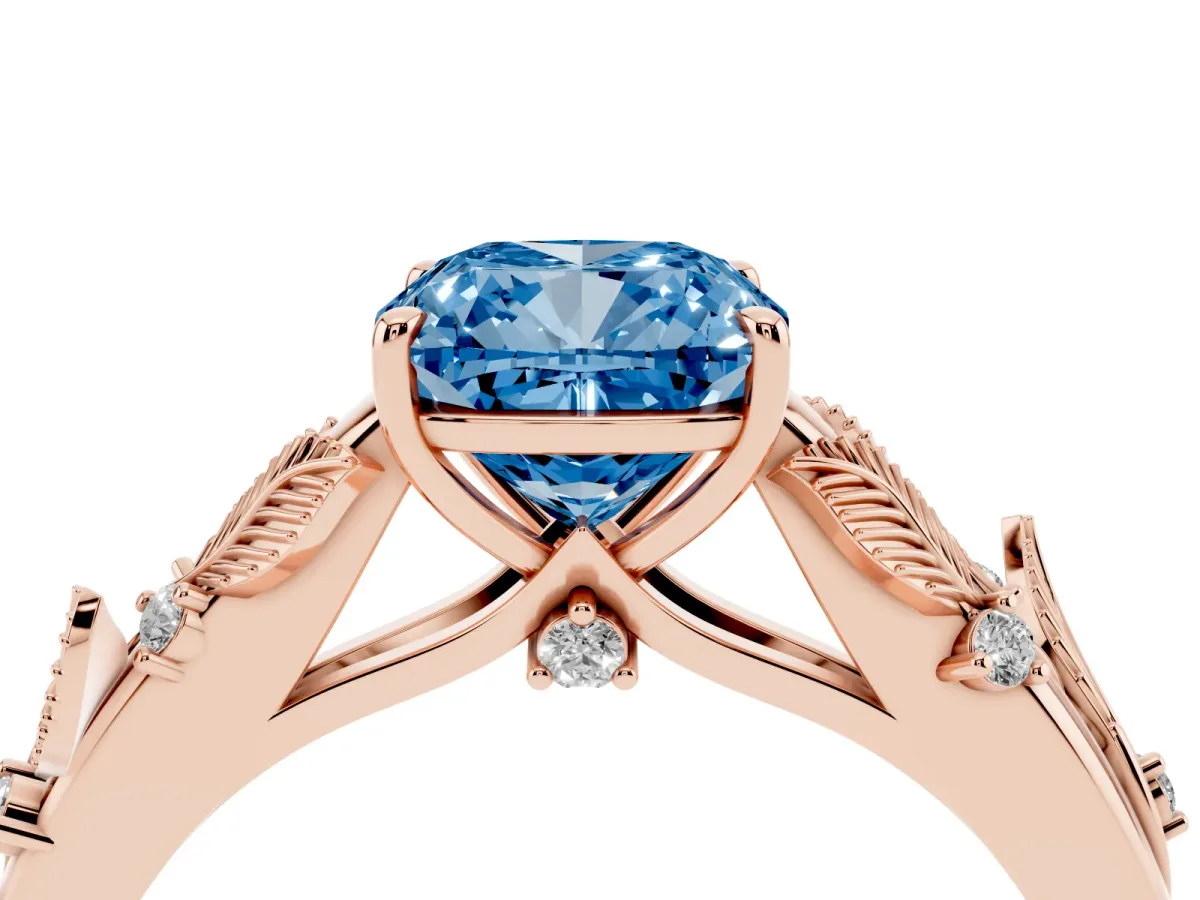 Fancy Blue Cushion Cut Diamond Solitaire Ring with Leaf Motif Band and Four-Prong Setting Rose gold