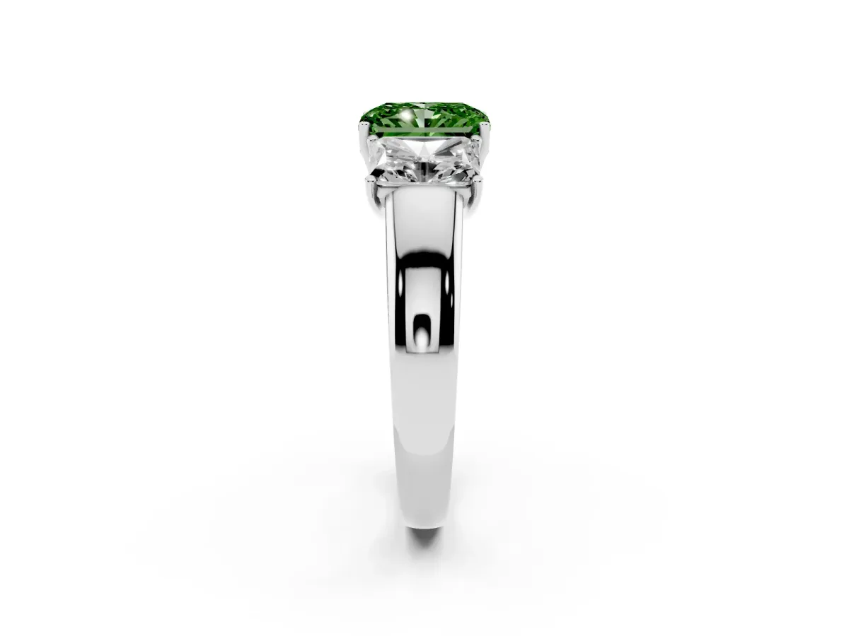 Fancy Green Three-Stone Radiant Cut Cut Diamond Ring with Prong Setting and Classic Band Silver