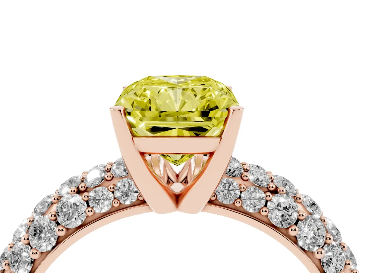 Fancy Yellow Radiant Cut Diamond Pavé Band Solitaire Ring with Four-Prong Setting Rose gold