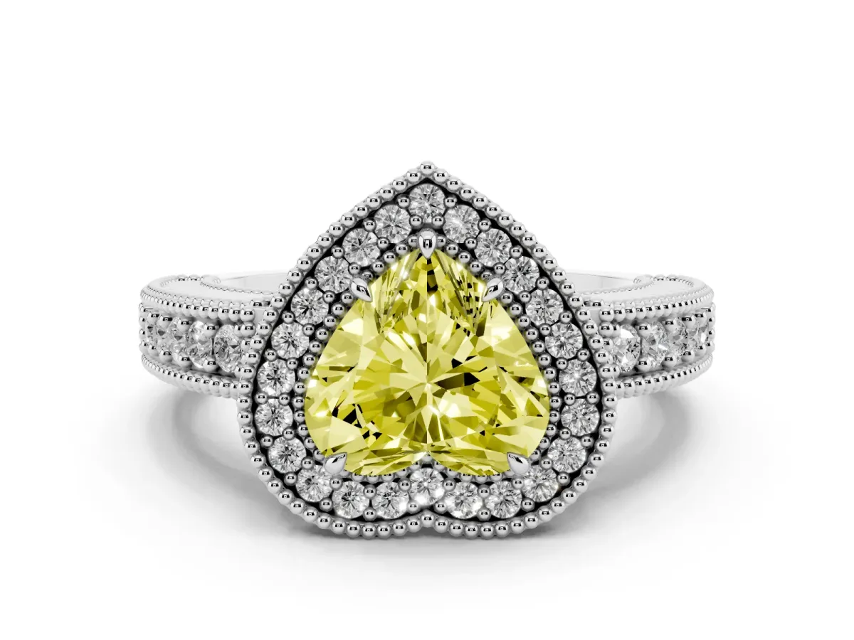 Fancy Yellow Heart Cut Cut Halo Diamond Ring with Pavé Band and Four-Prong Setting White gold