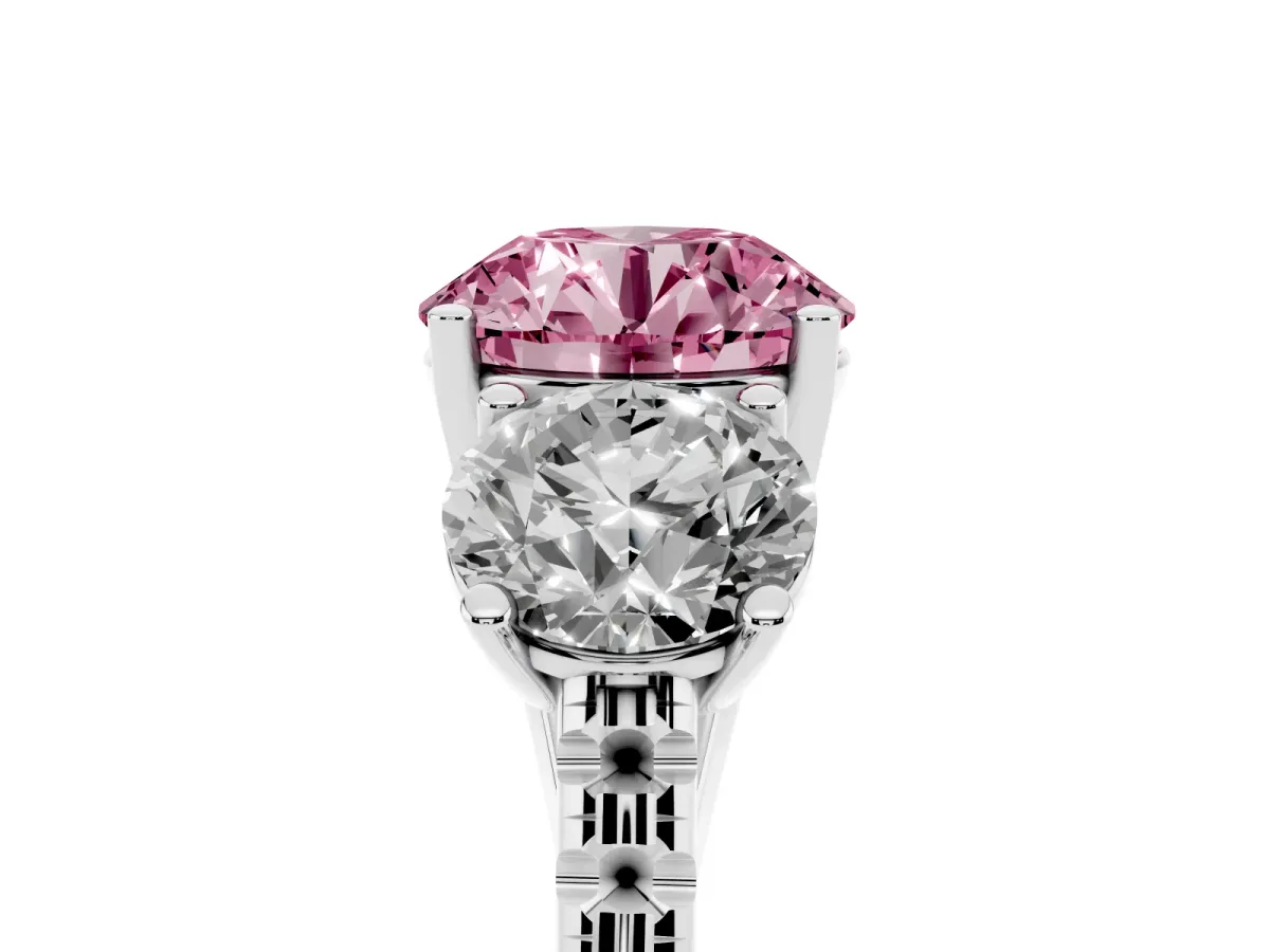 Fancy Pink Three-Stone Round Cut Diamond Ring with Round Pavé Band and Prong Setting Silver