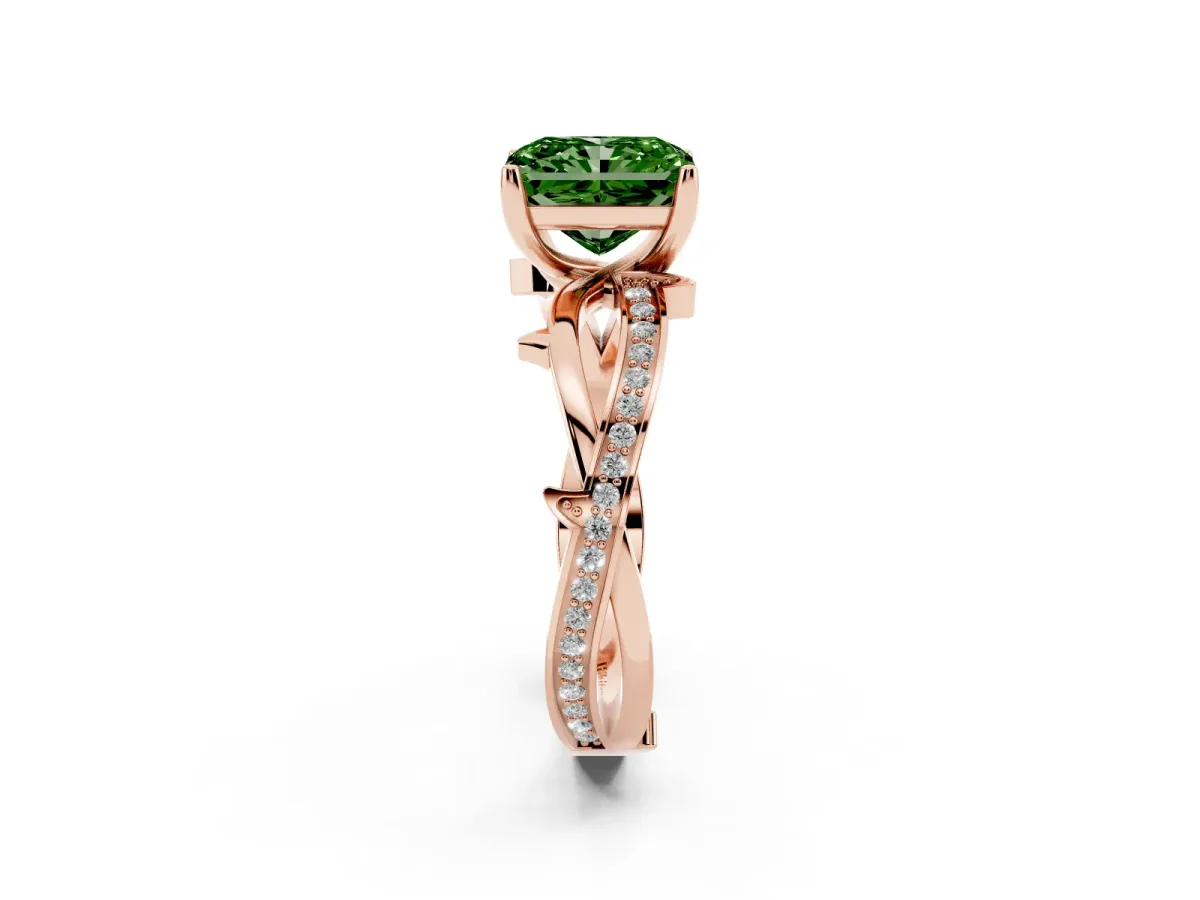 Fancy Green Radiant Cut Solitaire Twist Band with Pavé Accents and Four-Prong Setting Rose gold