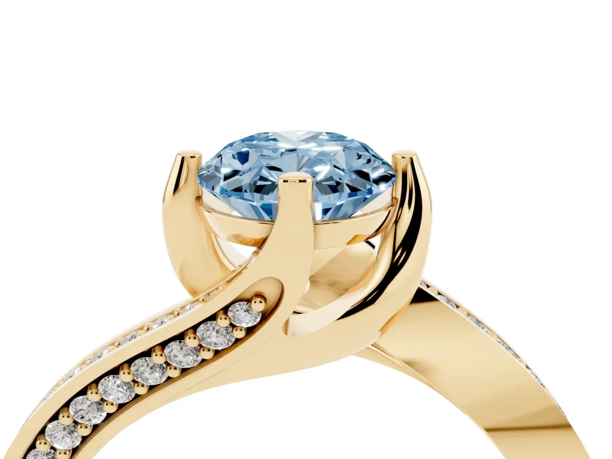 Fancy Blue Oval Cut Solitaire Diamond Twist Band with Pavé Setting and Four-Prong Setting Yellow gold