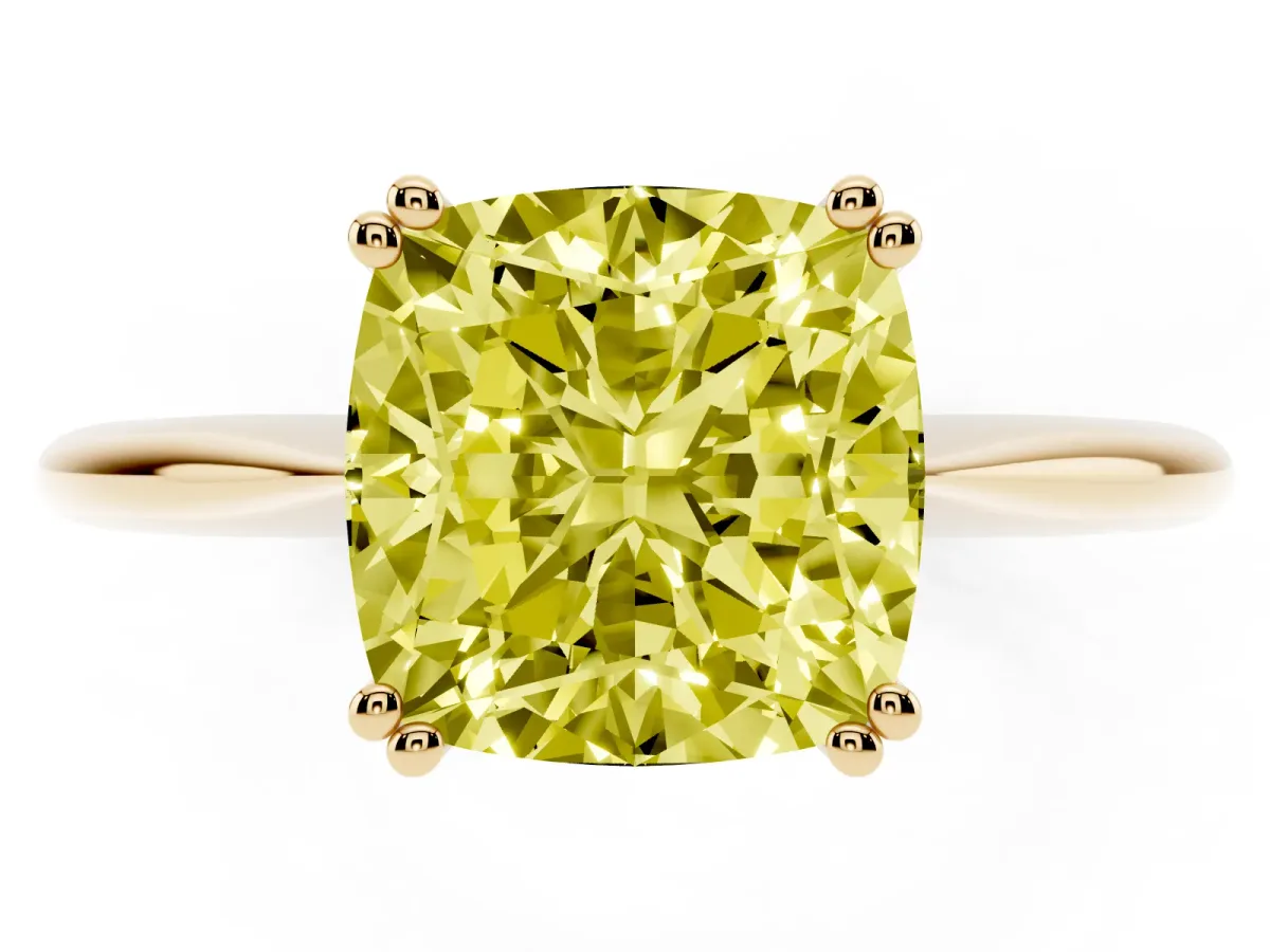 Fancy Yellow Cushion Cut Solitaire Diamond Ring with Six-Prong Setting and Classic Band Yellow gold