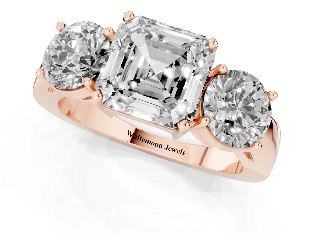 Three-Stone Asscher Cut Diamond Ring with Round Side Stones, Classic Band, and Four-Prong Setting Rose gold