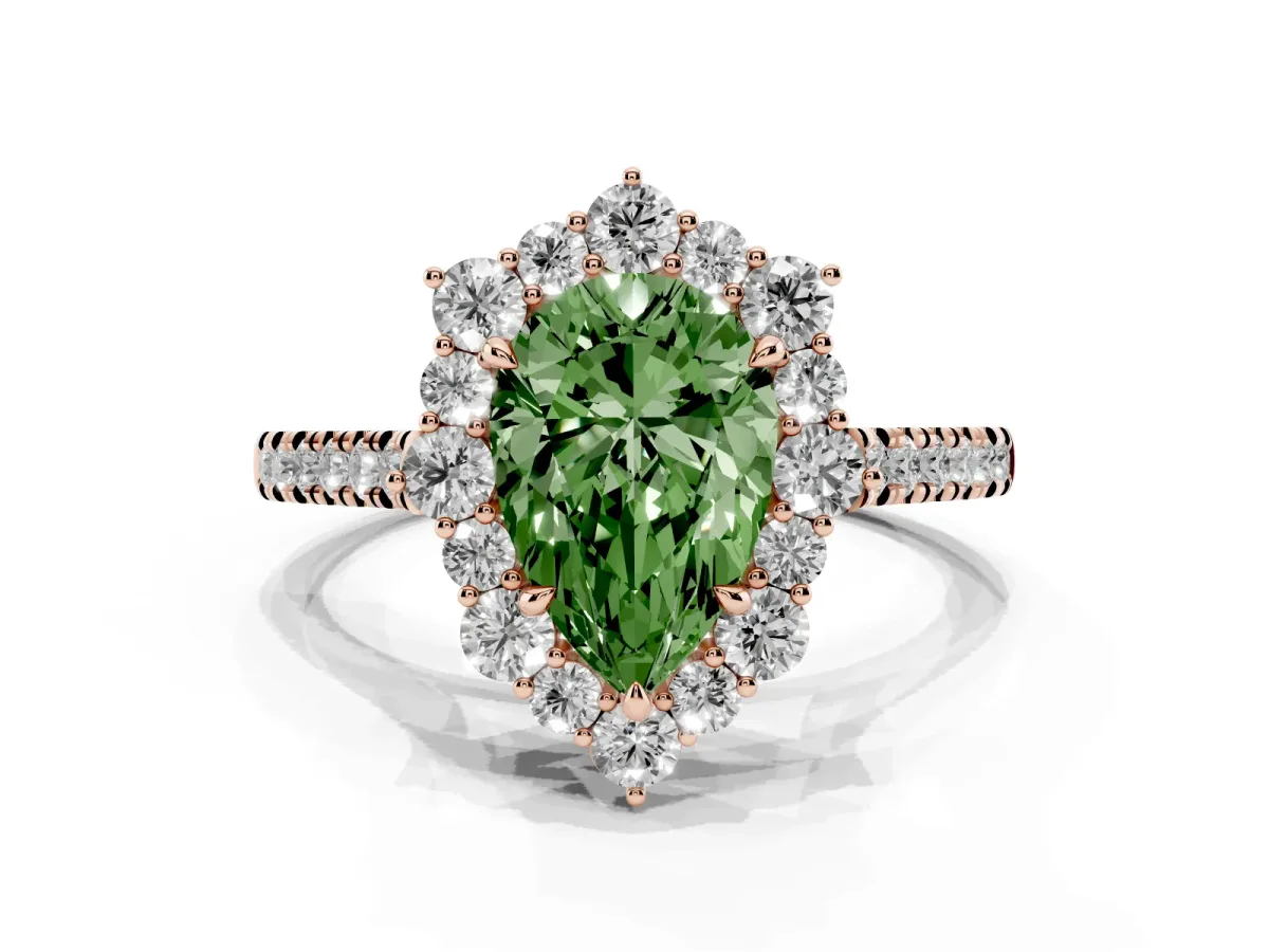 Fancy Green Pear Cut Halo Diamond Ring with Pavé Band and Prong Setting Rose gold