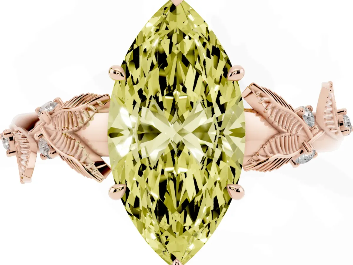Fancy Yellow Marquise Cut Diamond Solitaire Ring with Leaf Motif Band and Four-Prong Setting Rose gold
