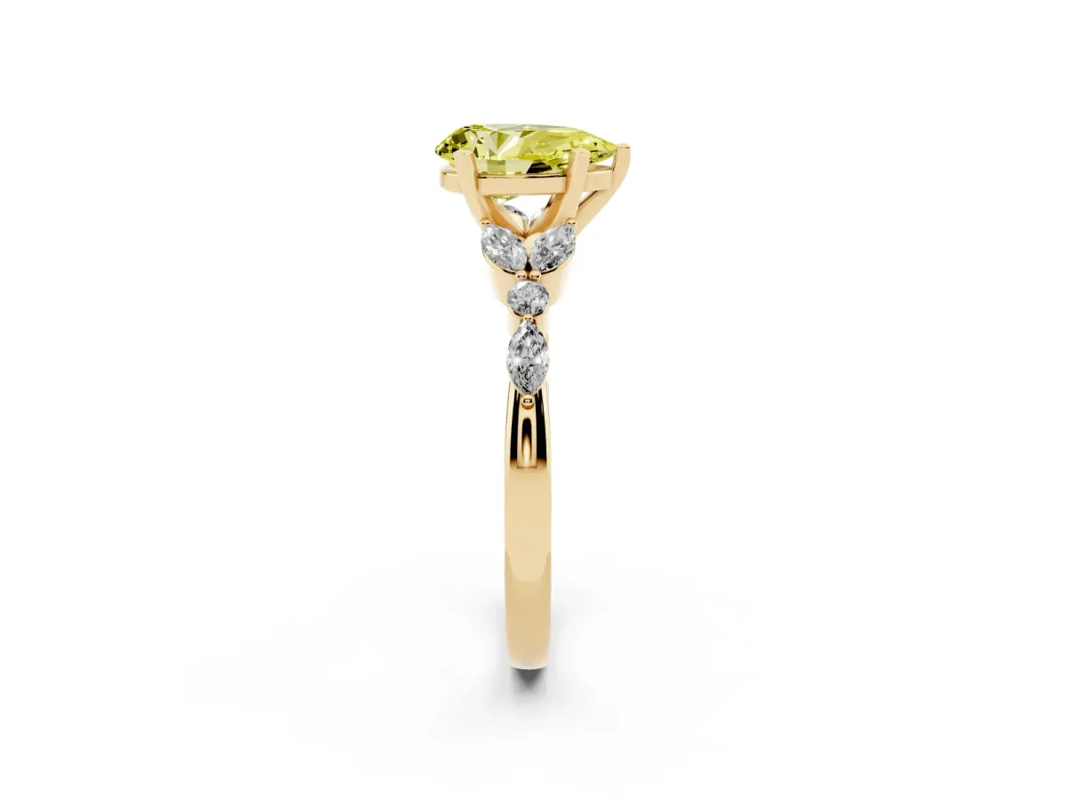 Fancy Yellow Pear Cut Diamond Solitaire Ring with Side Stones and Four-Prong Setting Yellow gold
