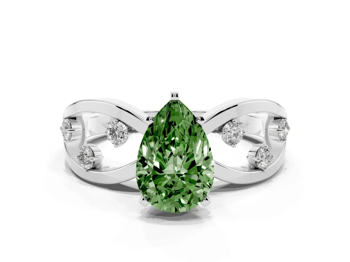 Fancy Green Pear Cut Cut Solitaire Diamond with Side Stones on Criss-Cross Band and Four-Prong Setting Silver