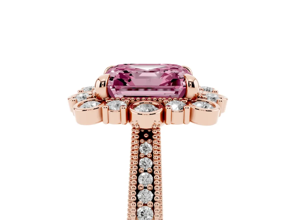 Fancy Pink Asscher Cut Halo Milgrain Pave Diamond Ring with Four-Prong Setting Rose gold
