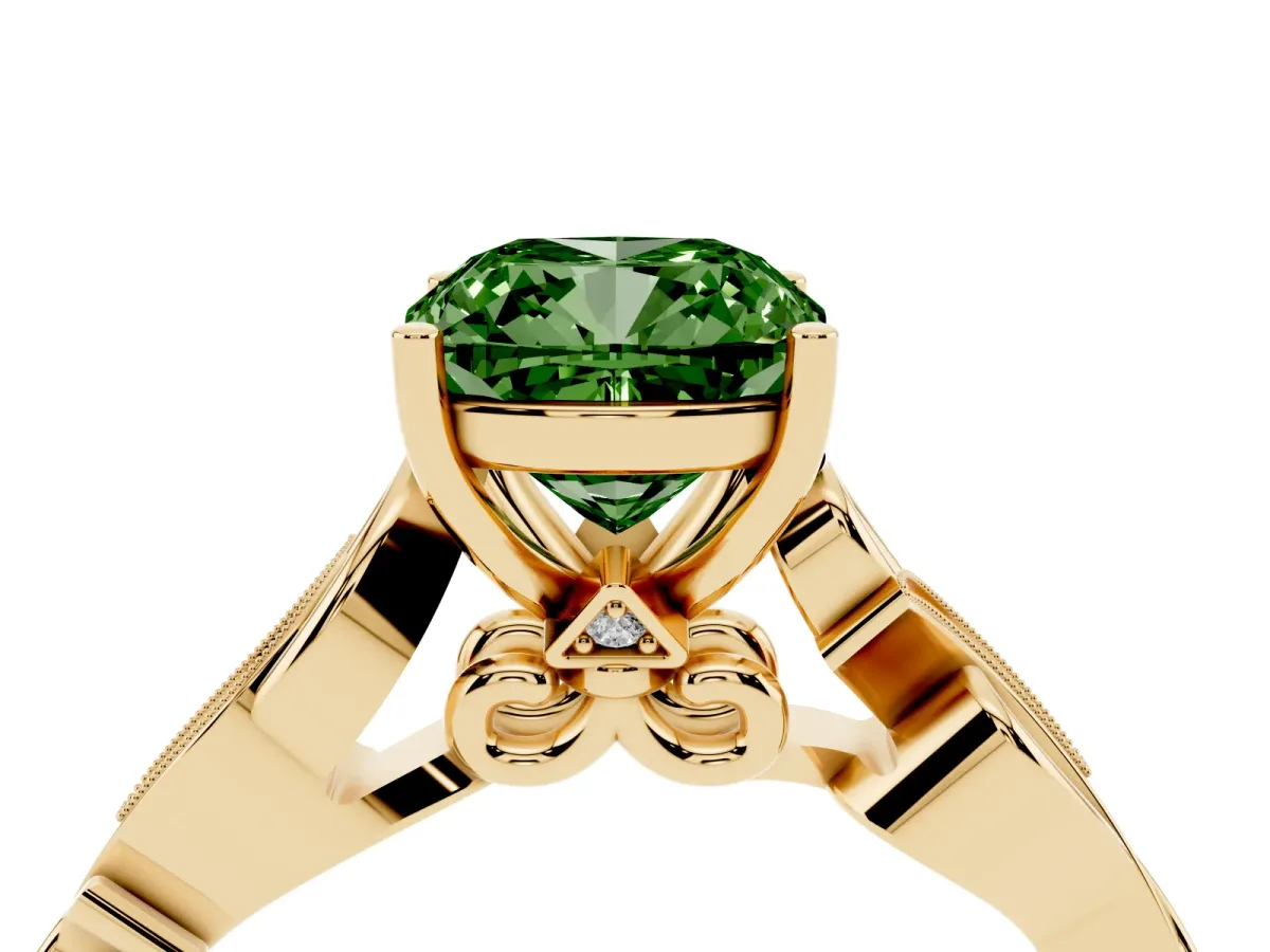 Fancy Green Cushion Cut Solitaire Vine Band with Milgrain Prong Setting Yellow gold