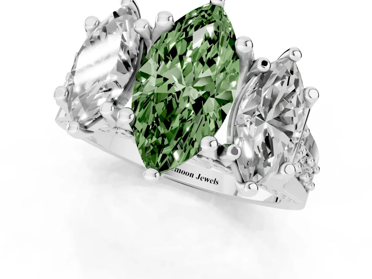 Fancy Green Marquise Cut Diamond Three-Stone Ring with Channel Set Band and Four-Prong Setting Silver