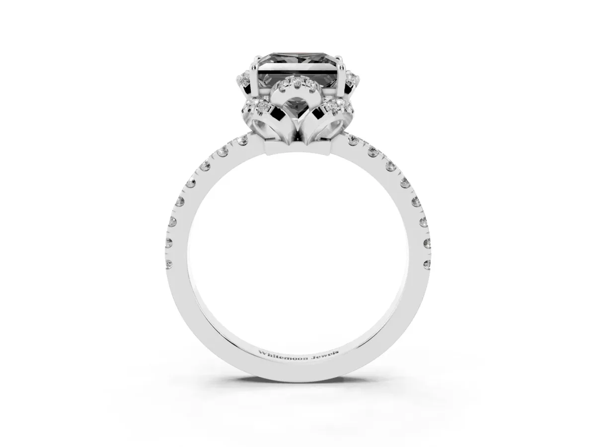 Fancy Black Princess Cut Diamond Halo Pave Band with Four-Prong Setting Silver
