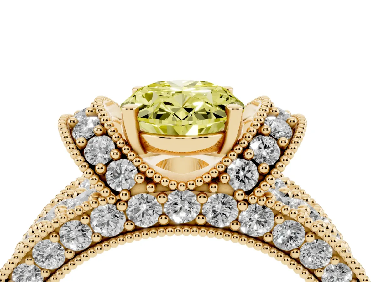 Fancy Yellow Oval Cut Halo Pave Diamond Engagement Ring with Milgrain Detailing Yellow gold