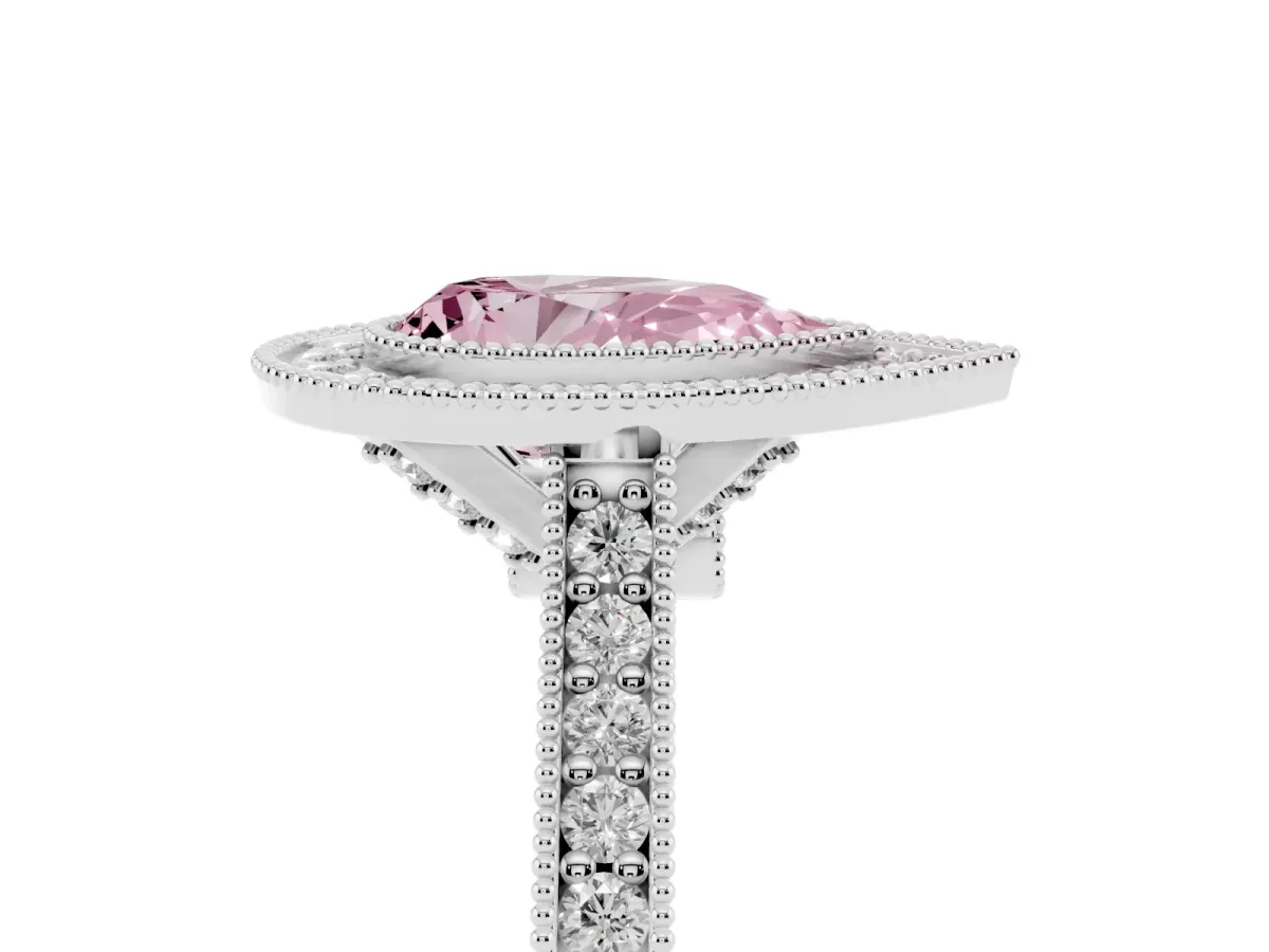 Fancy Pink Halo Pear Cut-Cut Diamond Pave Band Milgrain Prong Setting Ring Silver
