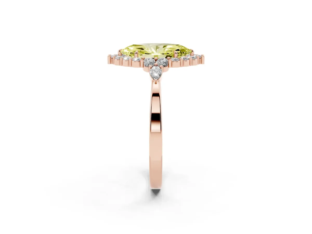 Fancy Yellow Marquise Cut Diamond Halo Ring with Pear Side Stones and Prong Setting Rose gold