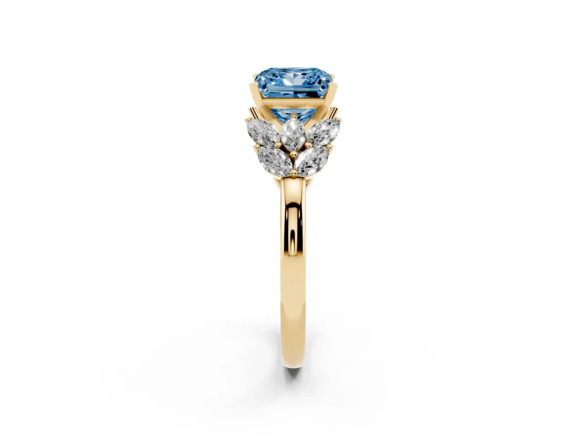 Fancy Blue Princess Cut Diamond Cluster Leaf Design Ring with Prong Setting Yellow gold