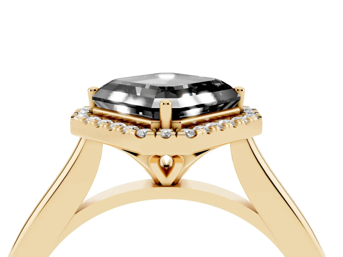 Fancy Black Asscher Cut Halo Round Diamond Solitaire Engagement Ring with Pave Band and Four-Prong Setting Yellow gold